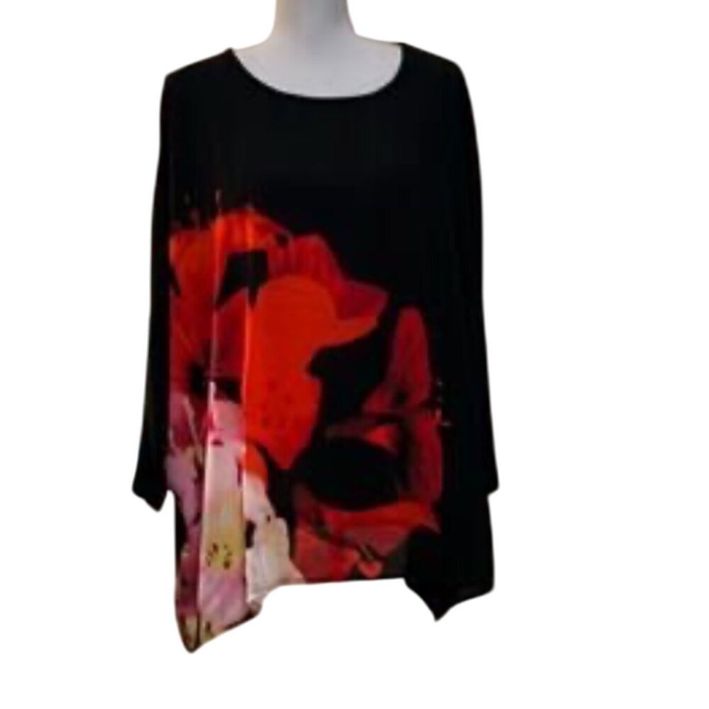 NWT- Rafaella 3X Black Floral Print Semi-Sheer Top Stretch Fabric blouse